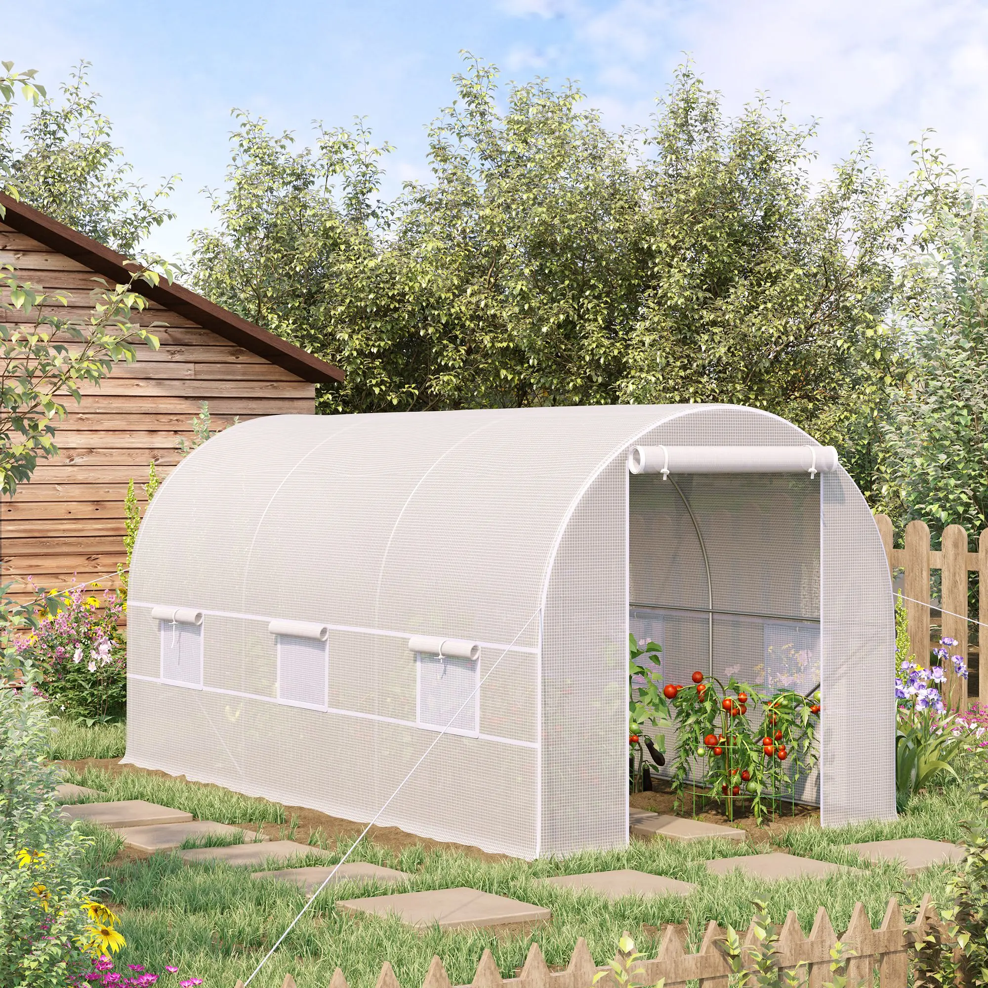 Outsunny Invernadero Túnel 400x200x200cm con 6 Ventanas Cultivo Plantas Blanco