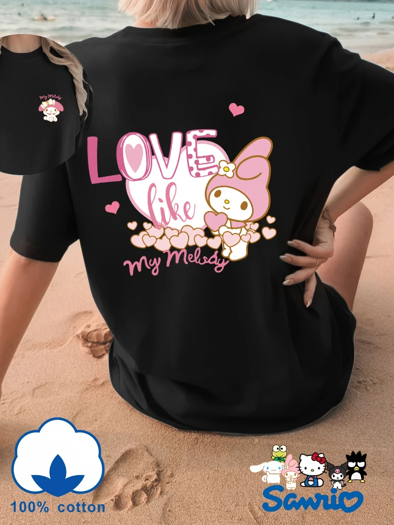 

My Melody LOVE Heart-shaped Cartoon Printed Round Neck T-shirt, Cute Style 100% Pure Cotton Loose Short Sleeved Casual Top