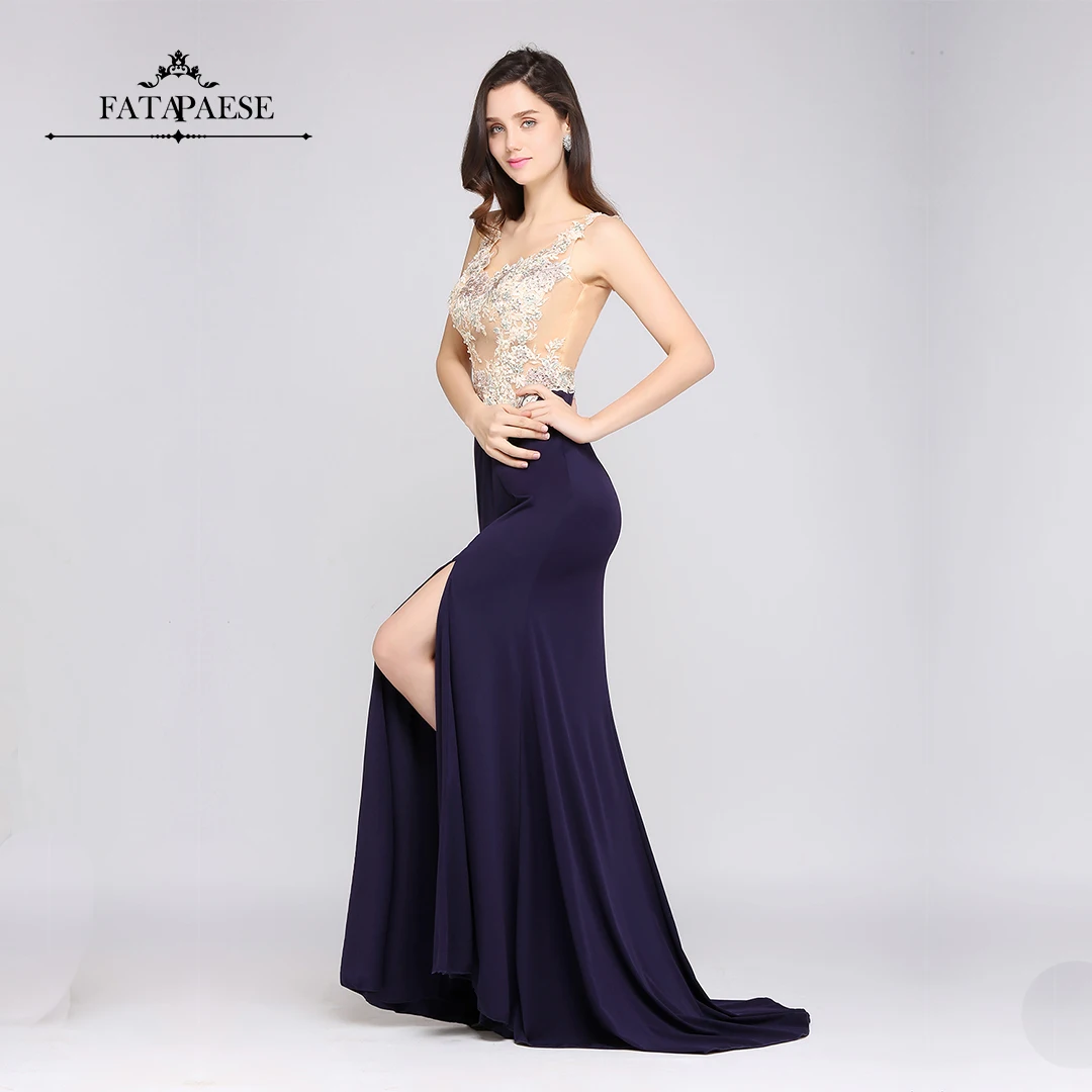 

FATAPAESE Sexy Illusion Lace Mermaid Evening Dresses Crystal V-Neck Side Slit Formal Dresse