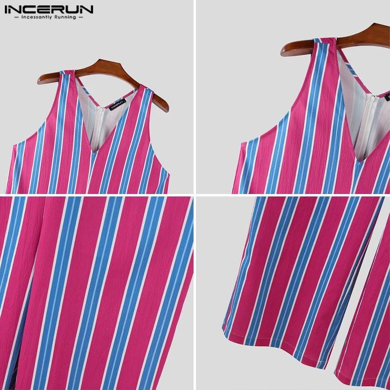 INCERUN Jumpsuit Pria Bergaris Kerah V Tanpa Lengan Romper Pria Kasual Pakaian Jalanan Longgar Liburan Musim Panas Fashion Overall Pria S-5XL