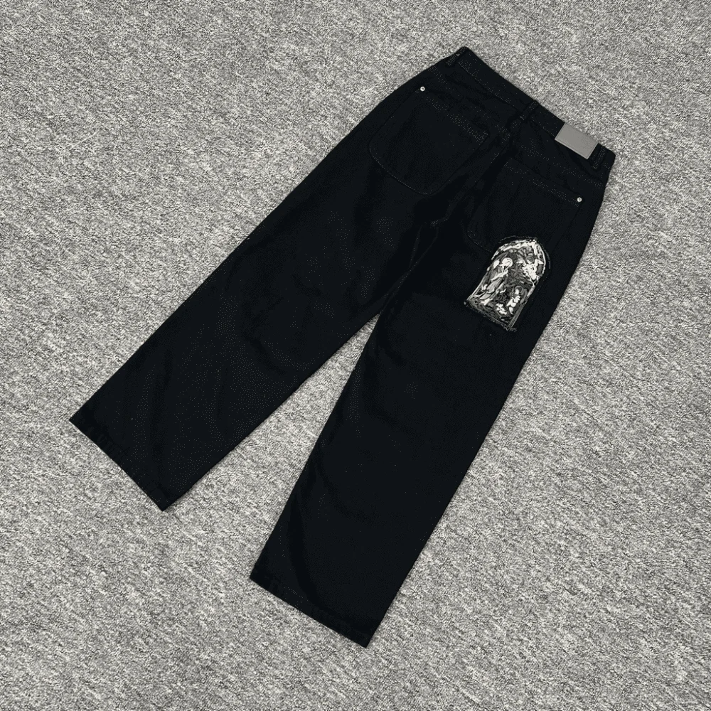 

Винтажные потертые черные джинсы высшего качества с рисунком персонажа и вышивкой, мужские прямые джинсовые брюки из плотной ткани, брюки