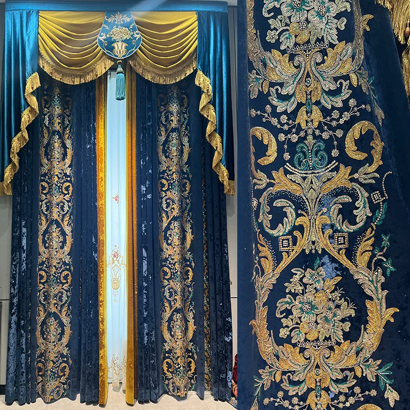 

Custom villa living room retro palace shading blue velvet embroidery cloth blackout curtain tulle valance drape C1598