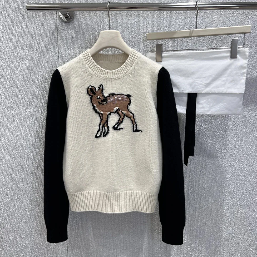 

New Autumn Fashion Cartoon Deer Embroidery Sweet Girl Sweater Women O-neck Long Sleeve Wool Cashmere Yarn Knitted Pullover