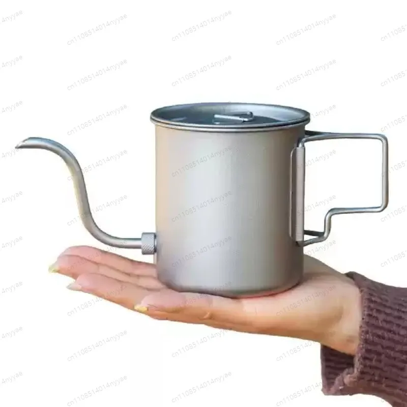 420ml Titanium Pour Over Coffee Kettle Gooseneck Spout Camping Coffee Pot with Folding Handle Lid for Picnic Backpacking Hiking