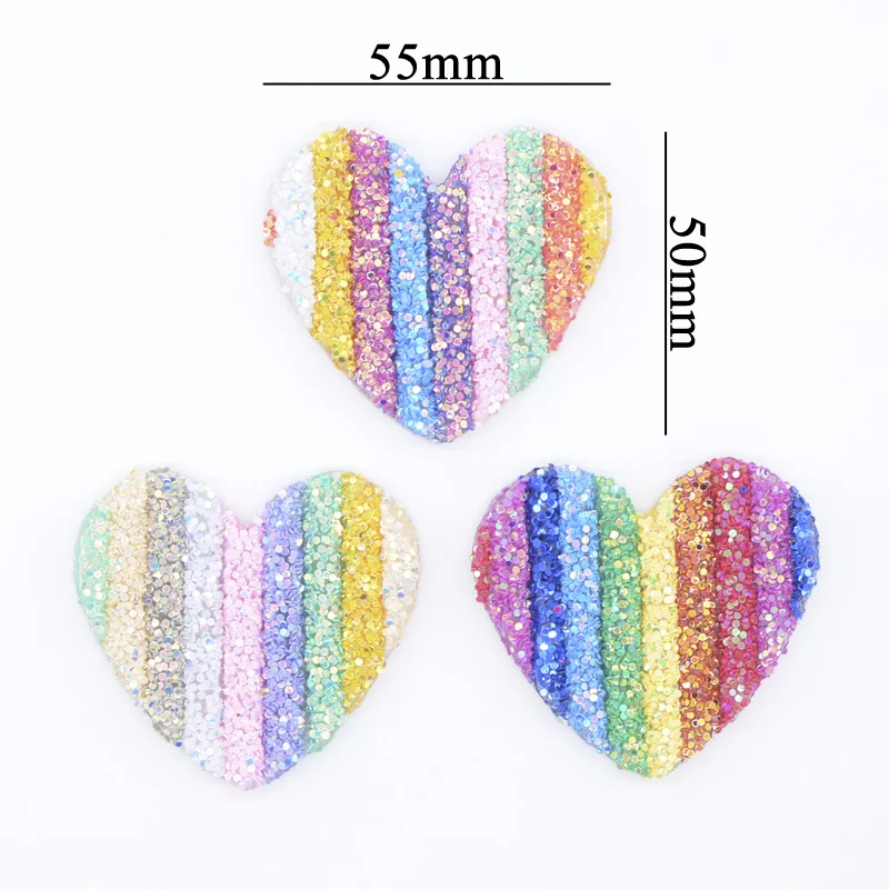 6Pcs 55*50mm Bling Sequin Pipe Rainbow Heart Applique for DIY Clothes Crafts Decor Headwear Hairpin Bow Accessories Patches