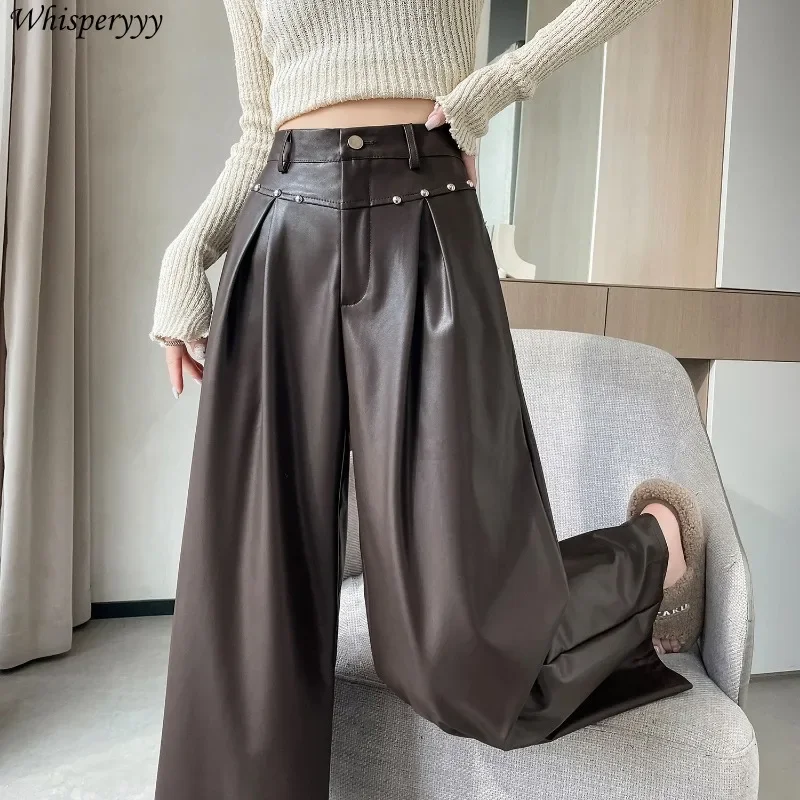 Brown Wide-leg Pants Wome Autumn New Hip Hop Loose PU Leather Straight Trousers Casual Streetwear Rivet Pantalon Mujer