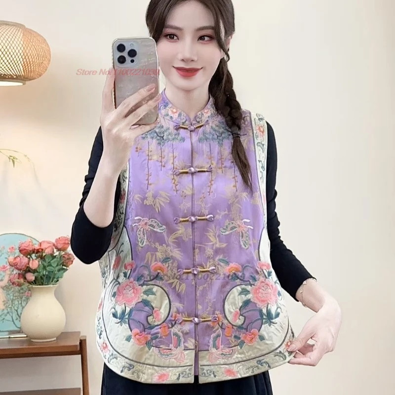 

2025 chinese vintage vest national flower embroidery stand collar folk vest oriental traditional hanfu tops satin jacquard vest