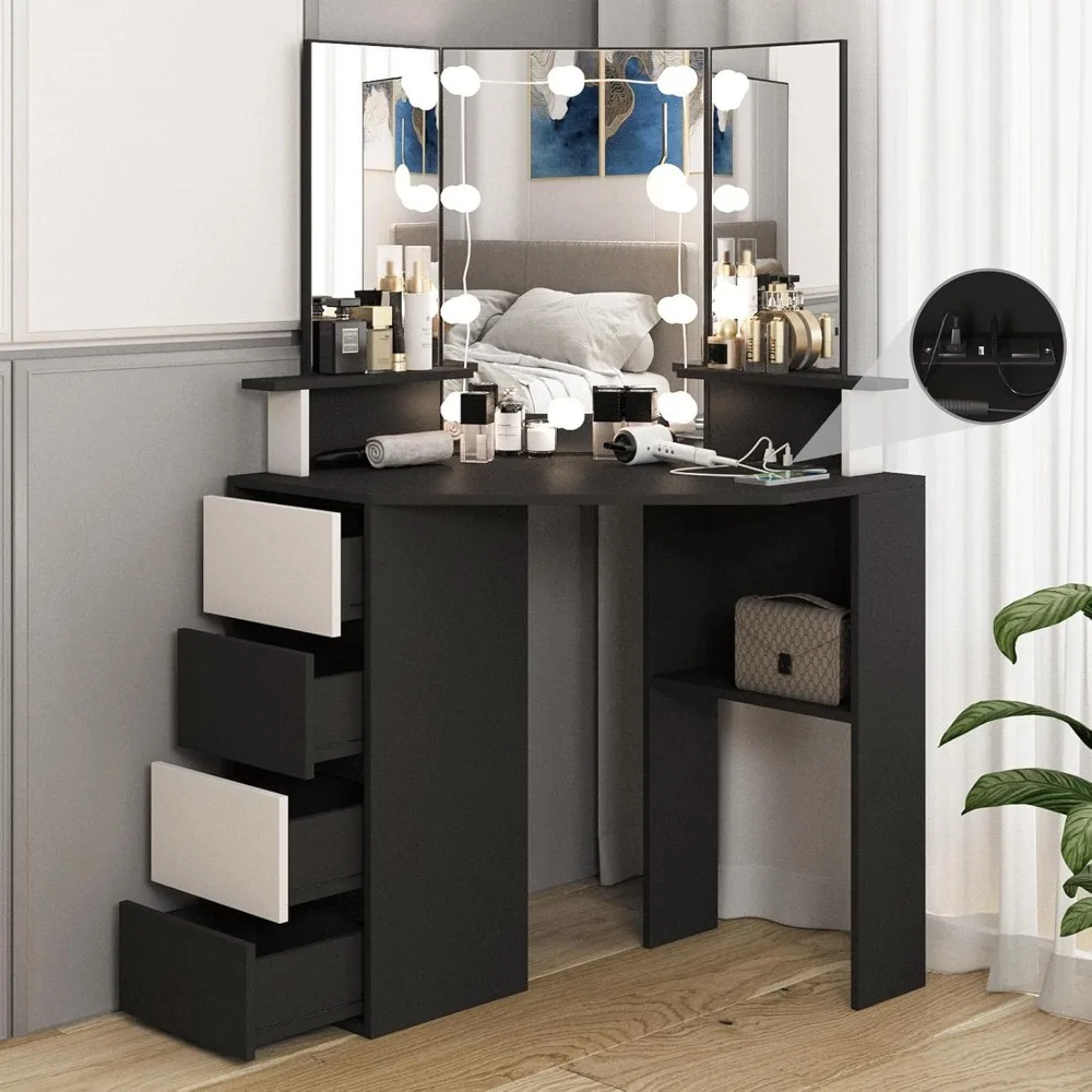 

Corner Vanity Desk with Lighted Mirror & Power Strip,Black Makeup Vanity Table with Lights,42 inch Corner Vanity Mirror with Lig