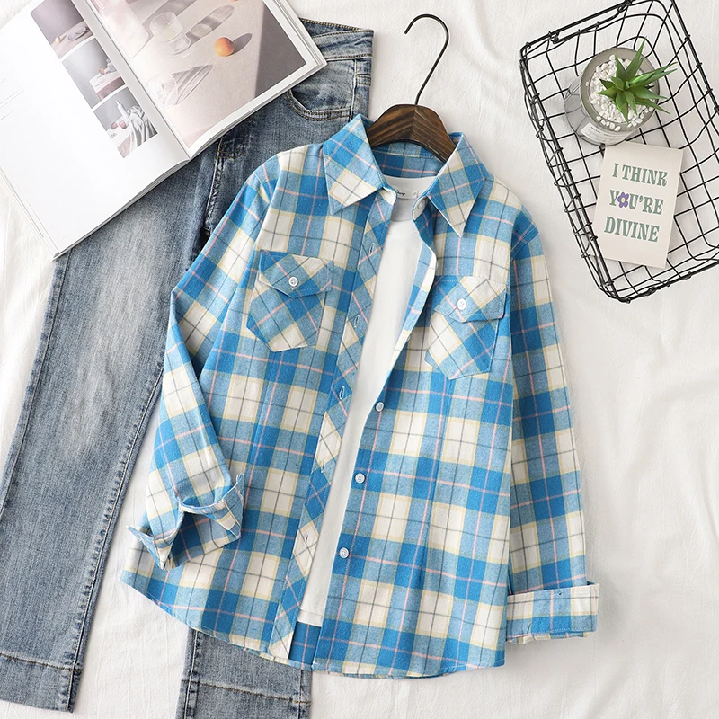 Cotton Flannel Plaid Shirts Women 2024 Autumn New Female Casual Slim Fit Long Sleeve  Blouses & Tops Ladies Checkered Clothes