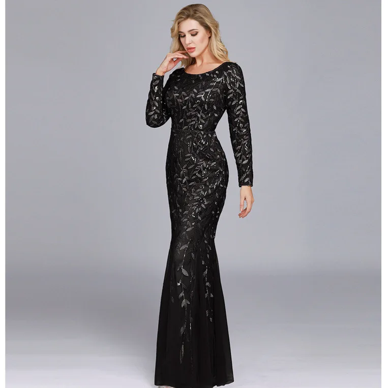 Evening Gown 2026 Slim Fit Long Sve Fi Tail Dr Sparkling Tulle for Banquet Cany Annual Meeting round Ne Elastic ...