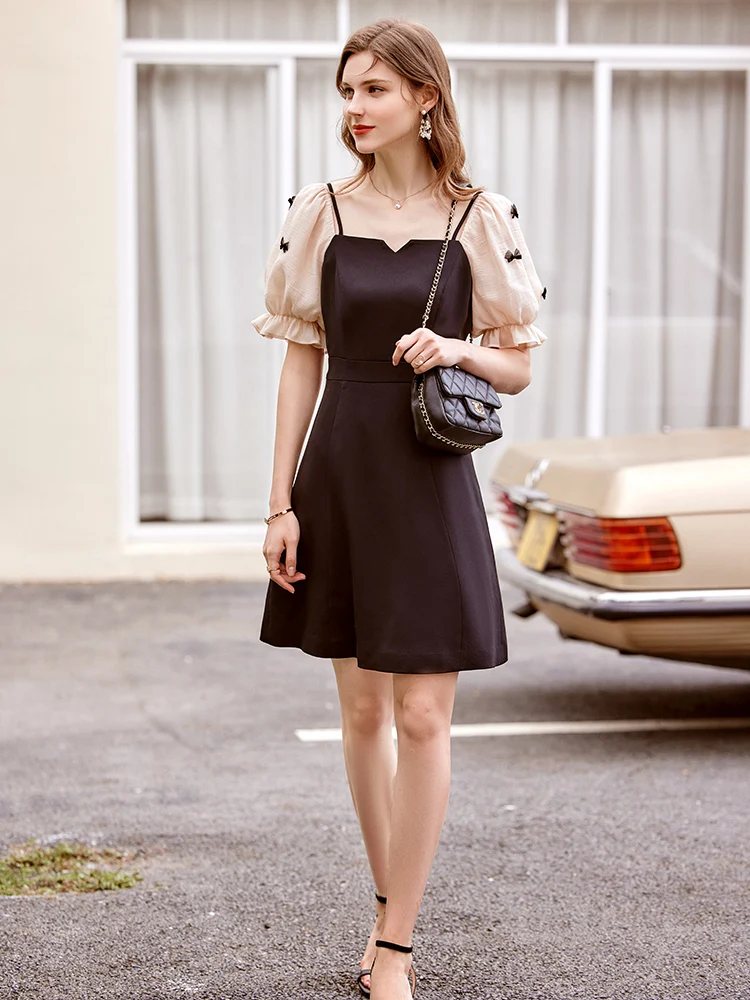 

OLrain Slash Collar Dress for Women 2025 New Sweet Style Puff Sleeve Bow High Waist Party Evening Mini Dress Lady O21XL39399