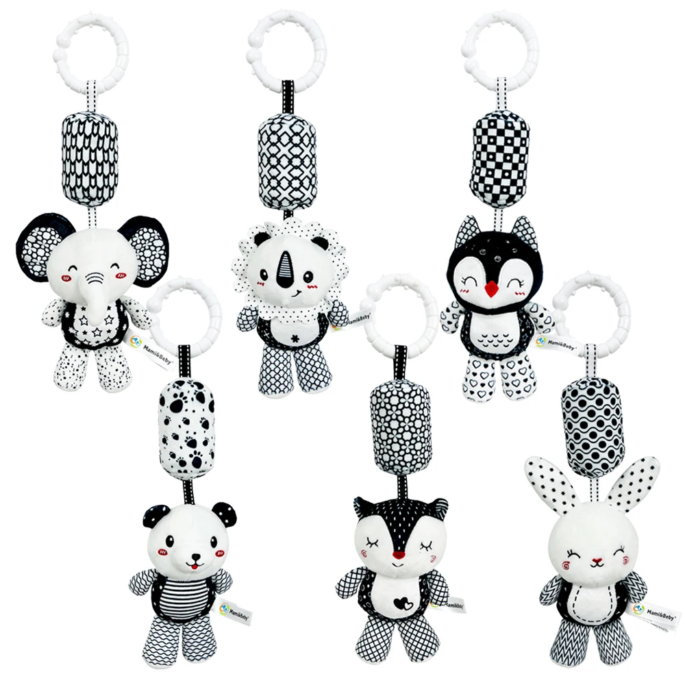 Hochets pour bébé, poussette, lit, berceau, cloche suspendue, poupée en peluche pour nouveau-né, noir et blanc, capacité visuelle, jouet d'entraînement, cadeau pour bébé