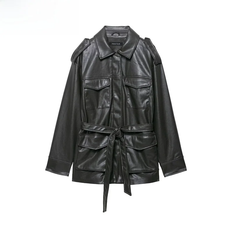 ZBZR Autumn New Women's Faion Sense ket Decorated Faux Leather Jaet Outerwear Polyester Fiber Universal ort Coat