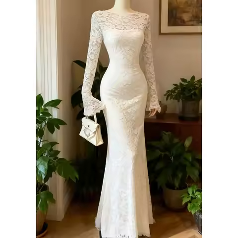 French Lace Elegant Dress Women Long Sleeve Sweet Slim Crochet Dress White Sheer Party Evening Gown Chic Female Vestidos