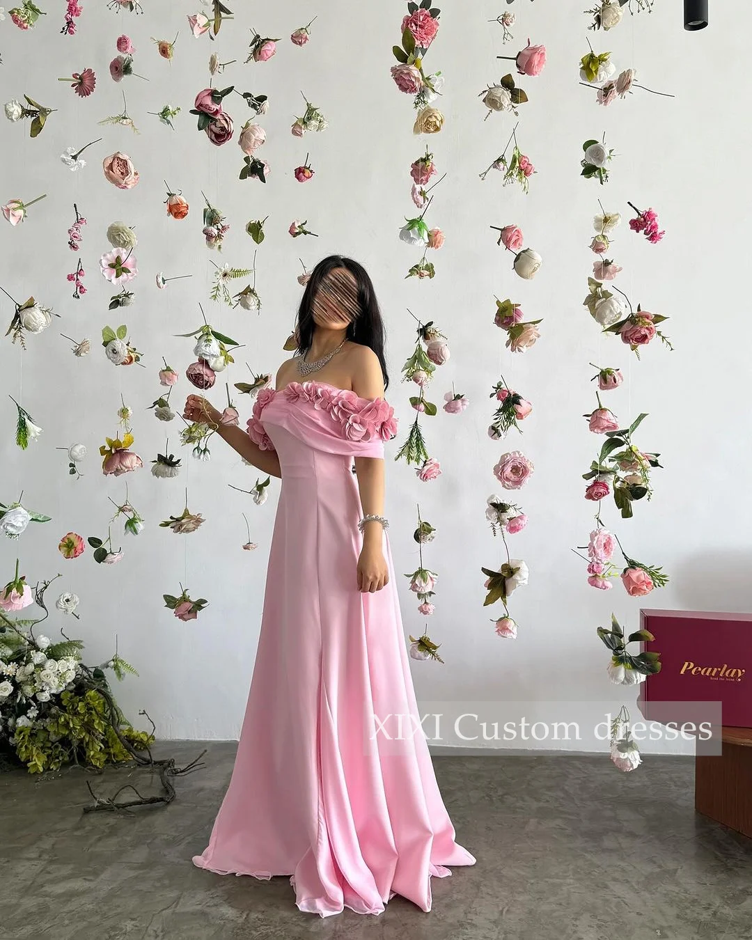 XIXI Evening Dresses A-Line Off-The-Shoulder Neckline Hand-Made Flowers Floor-Length Lining Zipper Up Prom Dresses Long Dresses