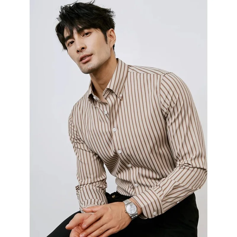 Men Autumn Striped Long Sleeve Shirt Slim Fit Wrinkle Resistant Business Casual Button Down Top