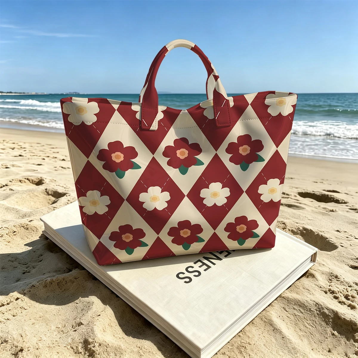 Burgundy Argyle Floral Cute Large Glossy PVC Tote Bag Hand Washable Lightweight Soft for Travel Commute Makeup Storage Handbags