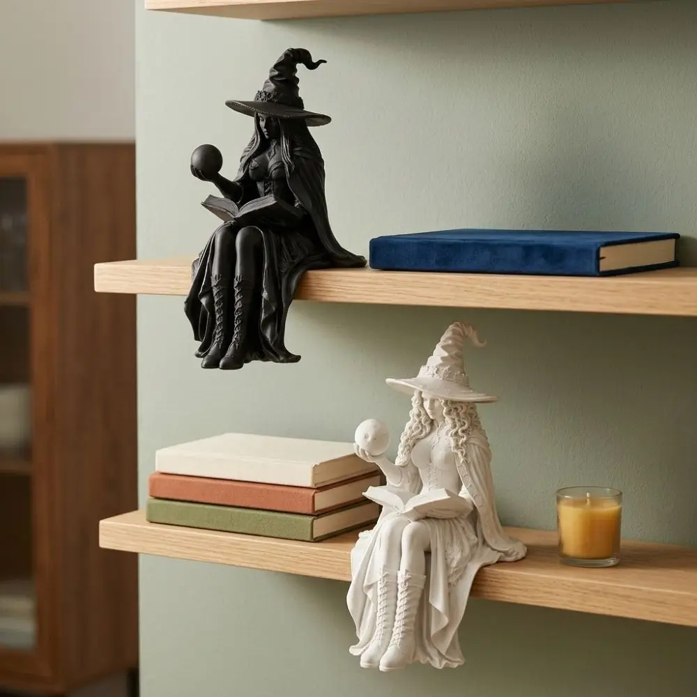 3D Printed Sitting Witch Figurine Vintage Gothic Spooky Halloween Witch Shelf Sitter Female with Book Ball