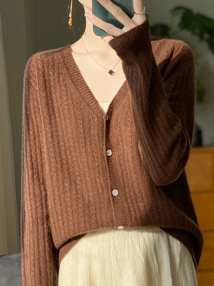 New Women's V-neck Cardigan Spring Autumn Twist Flower Sweater 100% Merino Wool Soft Comfort Knitwear Korean Popular Clothes