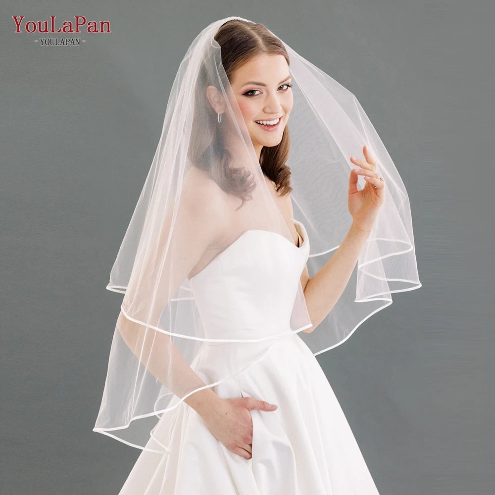 YouLaPan V97L Ribbon Edge Wedding Veil with Blusher Bridal Veils Wedding Cathedral Mantillas De Novia Cover Front and Back