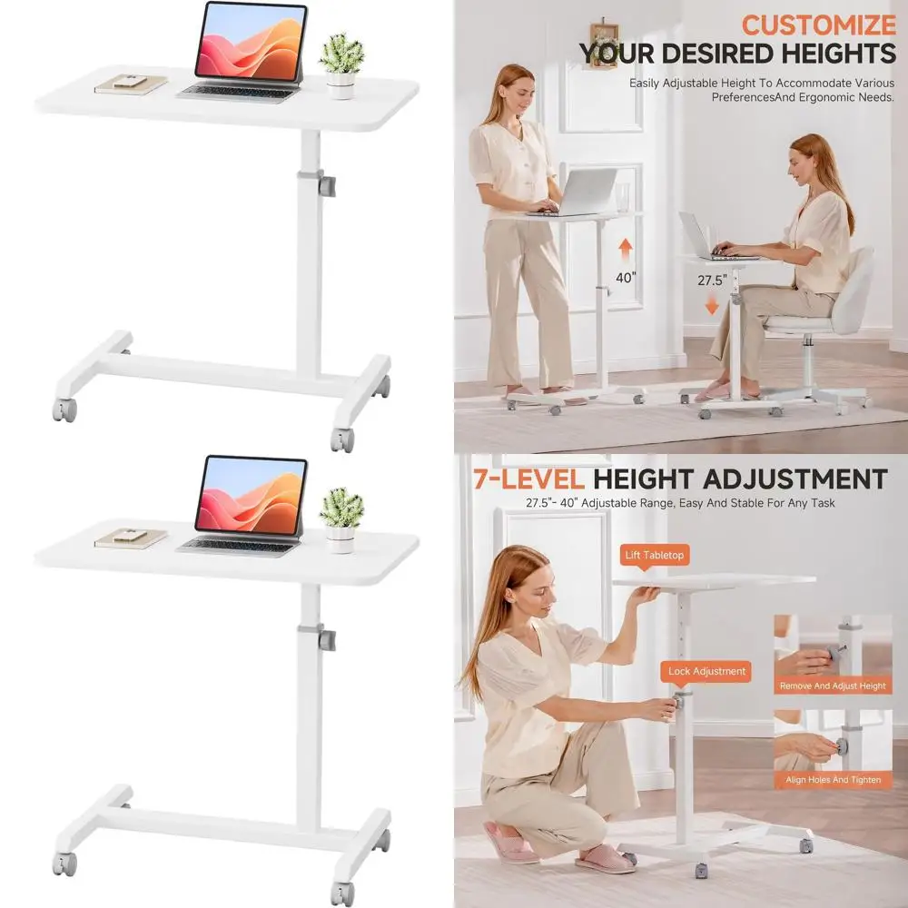 Mobile Small Standing Desk, Sit Stand Portable Rolling Laptop Desk with Lockable Wheels, Adjustable Height Overbed Bedside Table