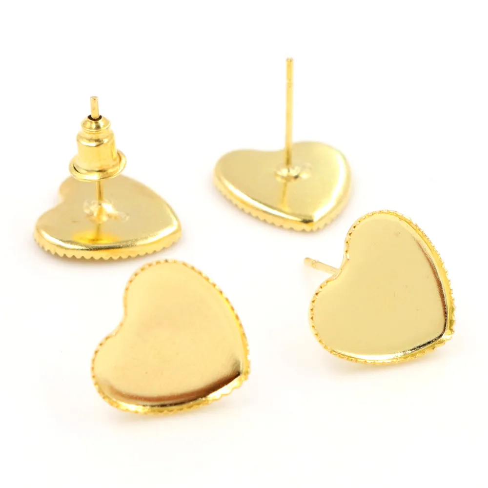 12mm 20pcs Silver Color Bronze Gold Color Heart Earring Studs,Earrings Blank/Base,Fit 12mm Glass Cabochons;Earring Bezels