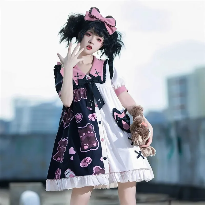 Robe Punk Gothique Foncé à Manches Courtes pour Femme, Imprimé Ours Lolita, Mode Kawaii, Doux, Quotidien, Nouvelle Collection