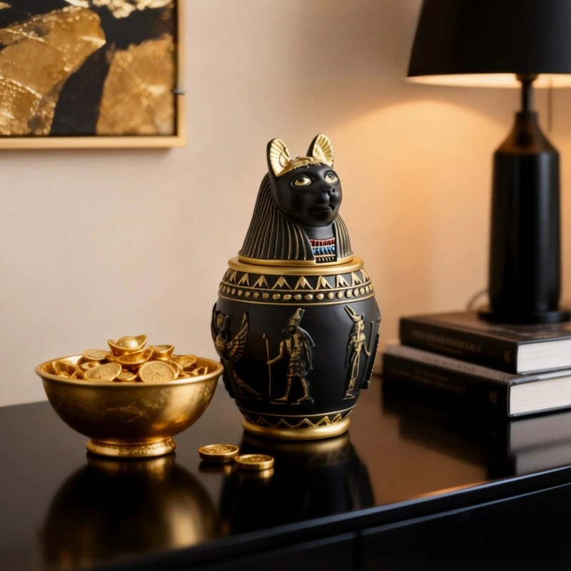 Ancient Egyptian Cat Storage Jar, Light Luxury Black Gold Jewelry Box, Dressing Table, Earrings,Necklace,Storage,Home Decoration