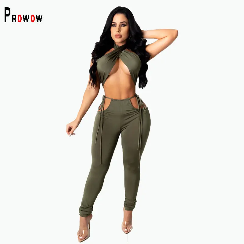 Prowow Sexy Women Party Nightclub Outfits Bandage Corset Tops Pant Two Piece Suits 2023 New Summer Green Female Clothing Set