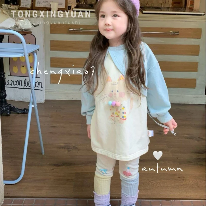 Autumn New Girls Clothes Cartoon Cat Patchwork Sweatshirt Dress Color Matching Leggings Suit