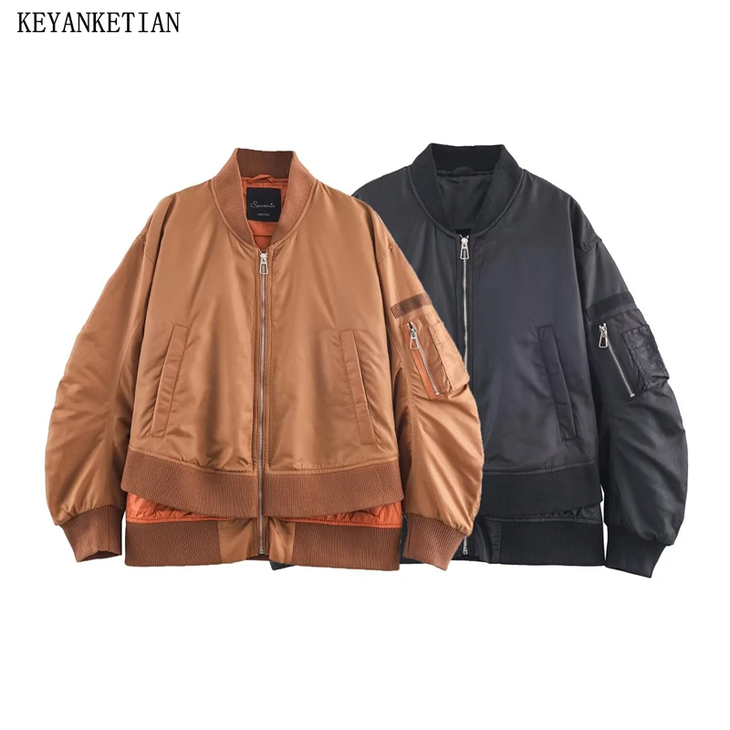 

KEYANKETIAN 2025 Winter New Women's Tiered Decoration Baseball Jacket Cotton Padded Jacket Unisex style Loose Zipper Coat Blazer