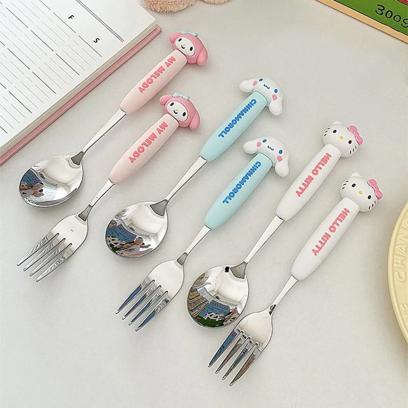 Sanrio Hello Kitty Tableware Children's Cartoon Cute Kids Meal Stainless Steel Spoon Fork Chopsticks Student Portable Tableware