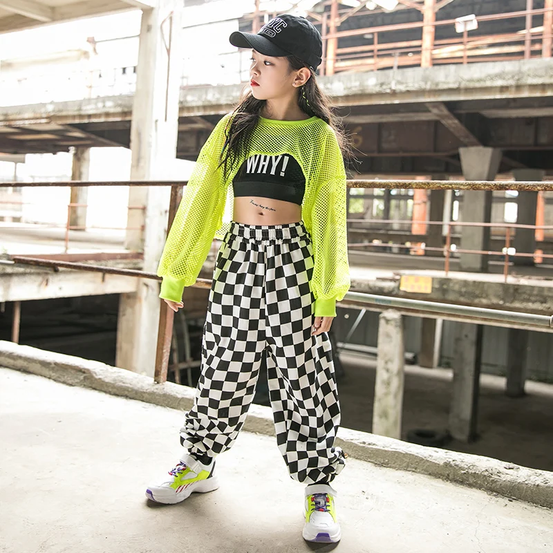 Dance Costumes Performance Wear Children Hip Hop Clothing Cropped Fluorescent Green Mesh Tops Casual Pants Girls Jazz