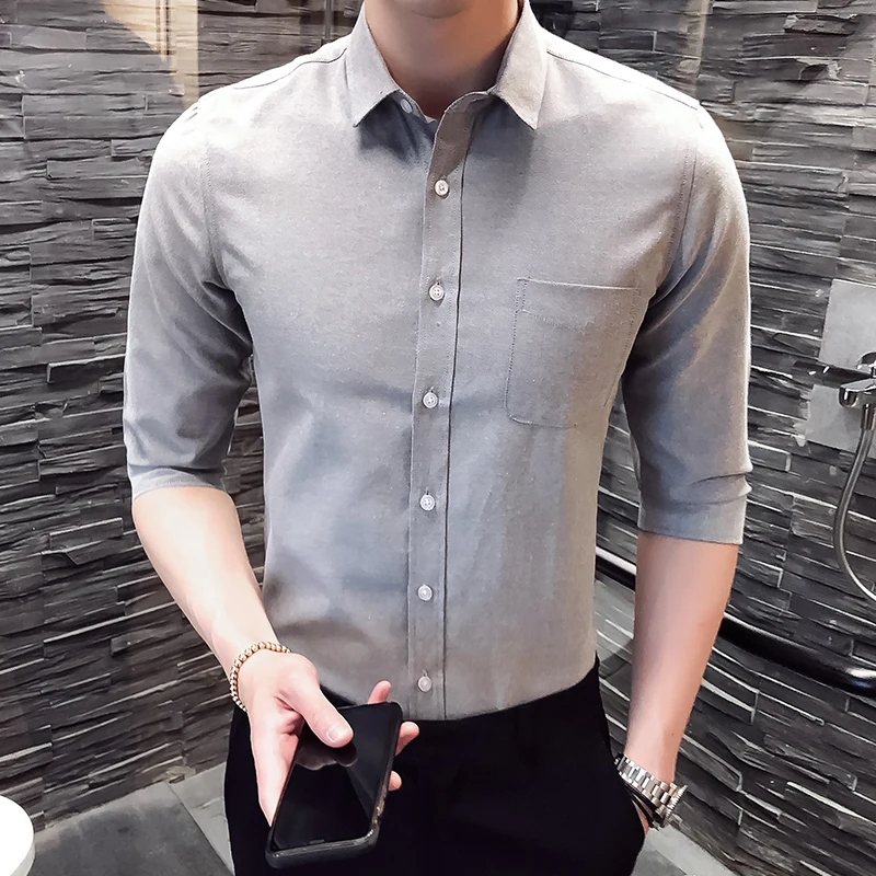 Korean Fashion 3/4 Sleeve Oxford Shirts Men Clothing Chest Pocket Slim Fit Casual Blouse Homme