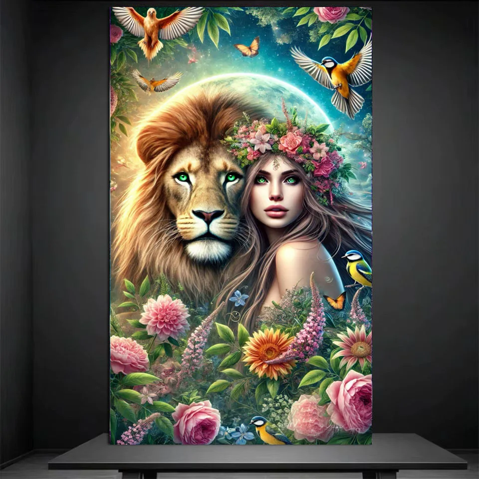 

Women And Lion Diamond Paintings Flower Full Diamond Art Embroidery New Arrivals 2025 Mosaic Picture Of Rhinestones Big Size