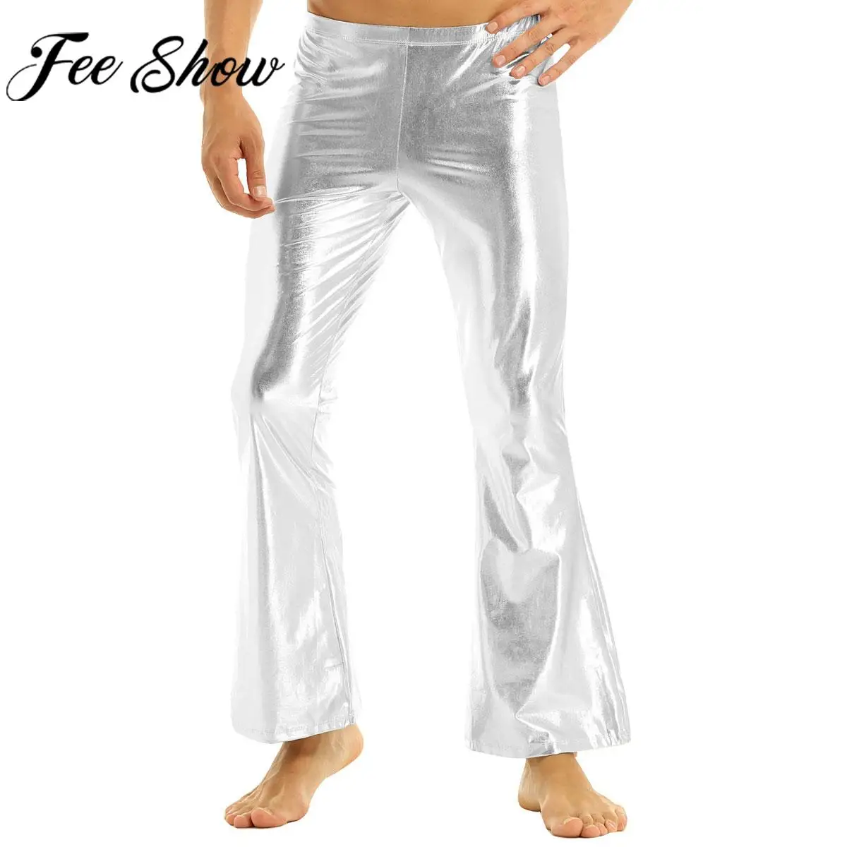 

Men Shiny Metallic Flared Pants Bell Bottom Trousers Streetwear Dancewear for Rave Party Club Disco Pole Dance Stage Performance