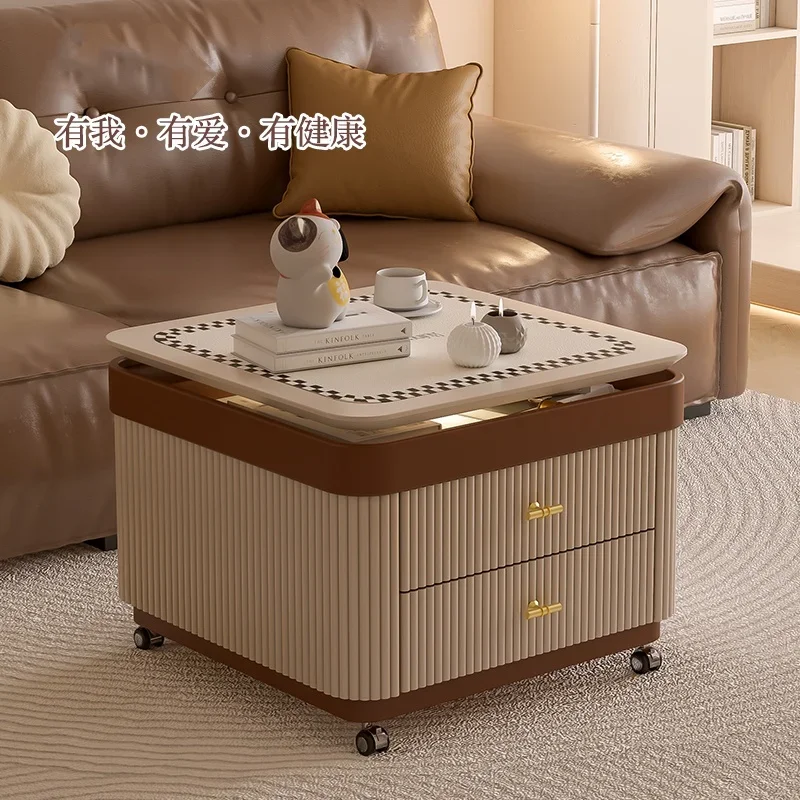 2024 new coffee table living room household small apartment light luxury modern cream wind mobile rotating square rock slab