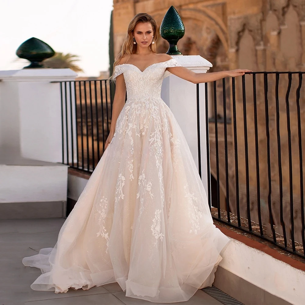 

Off The Shoulder V Neck Vestidos De Novia Customized Charming A Line Wedding Dresses Appliques Vestido De Noiva