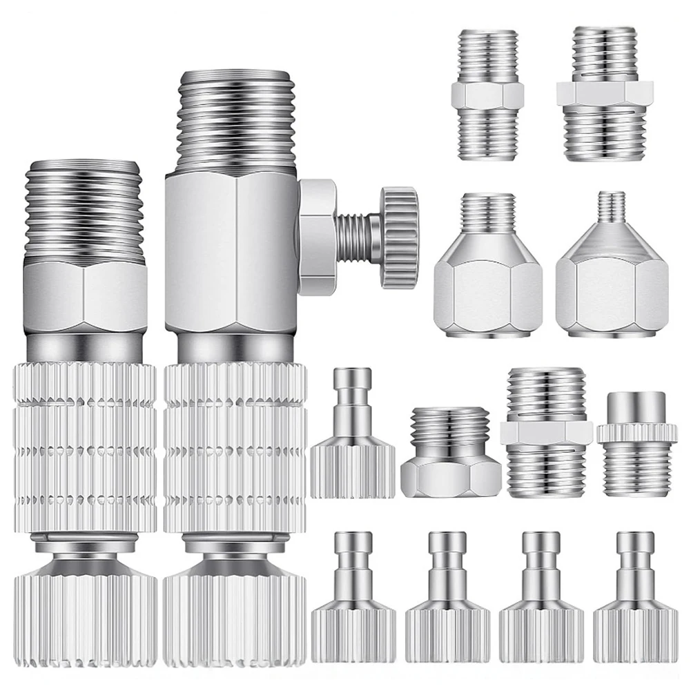 14-Pc For Airbrush Adapter Kit with Quick Release for Compressor Hose 1/8 and 1/4 Male Female Fittings Silver Finish