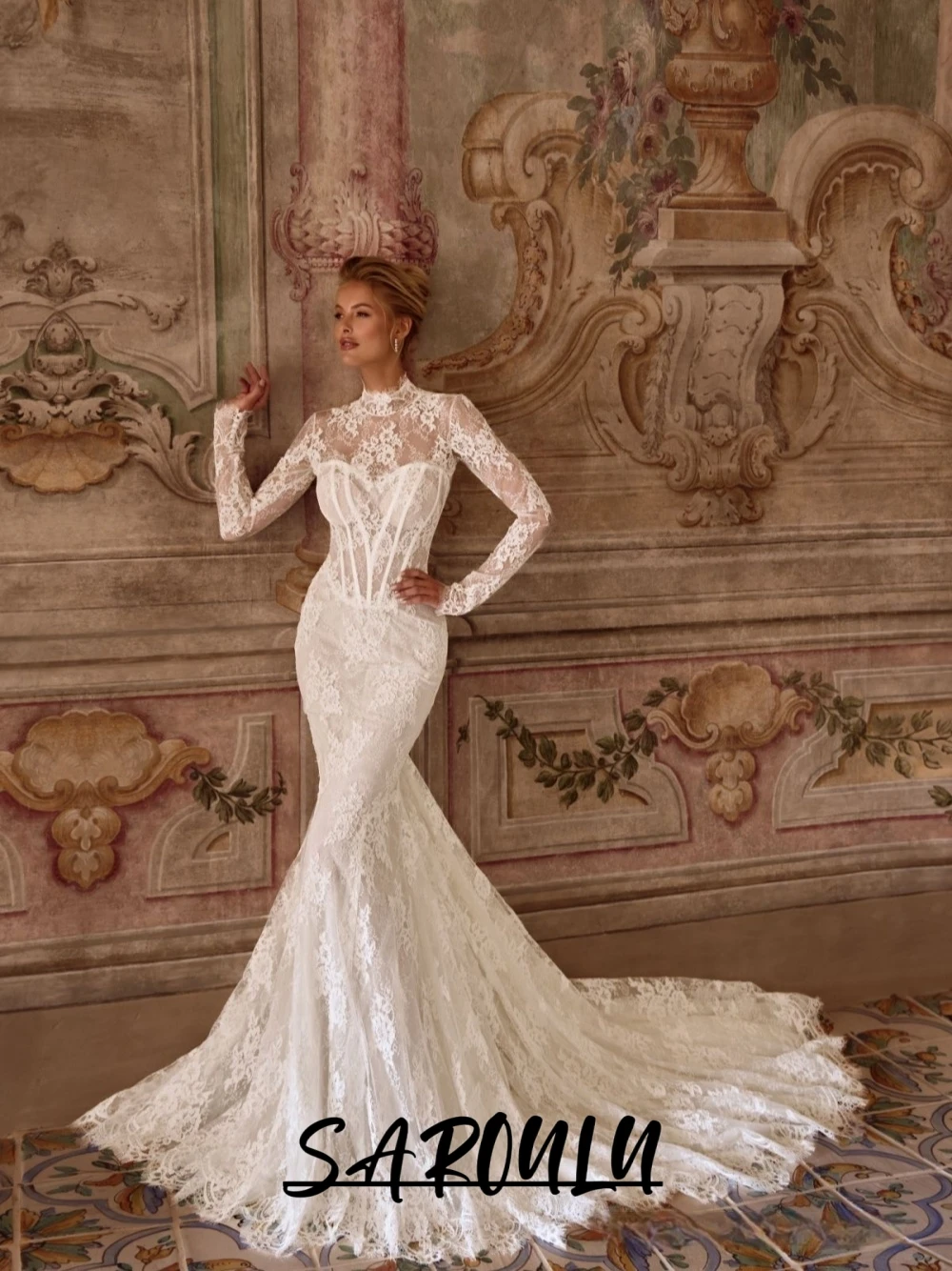 

Dreamy Fully Lace Wedding Dress Graceful Mermaid High Neckline Bridal Gown Customized Intricate Corset Long Bride Wear