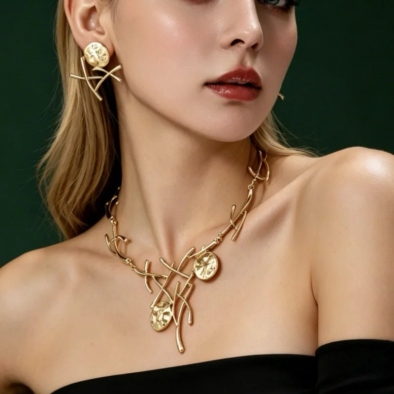 Women Modern Abstract Twig Jewelry Set Gold Tone With Textured Discs Matching Necklace & Stud Earrings Trendy Formal Accessories
