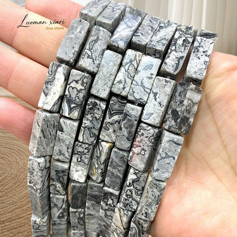 Natural Stone Cuboid 8x20mm Map Jasper Loose Spacer Beads for Jewelry Making Diy Earrings Bracelets Charms Accessories 15''