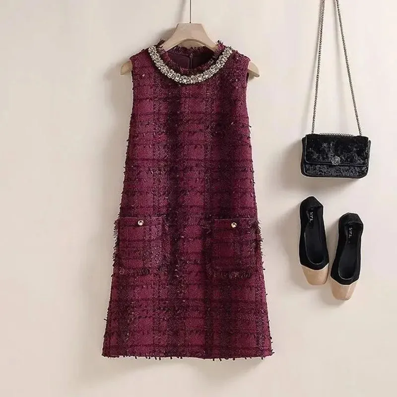 Herbst Winter Neue Hochwertige Wollene Weste-Rock-Kombination für Damen mit Taschen und Perlen, Tweed A-Linien-Kleid, Schlanke Damenkleidung Vestidos
