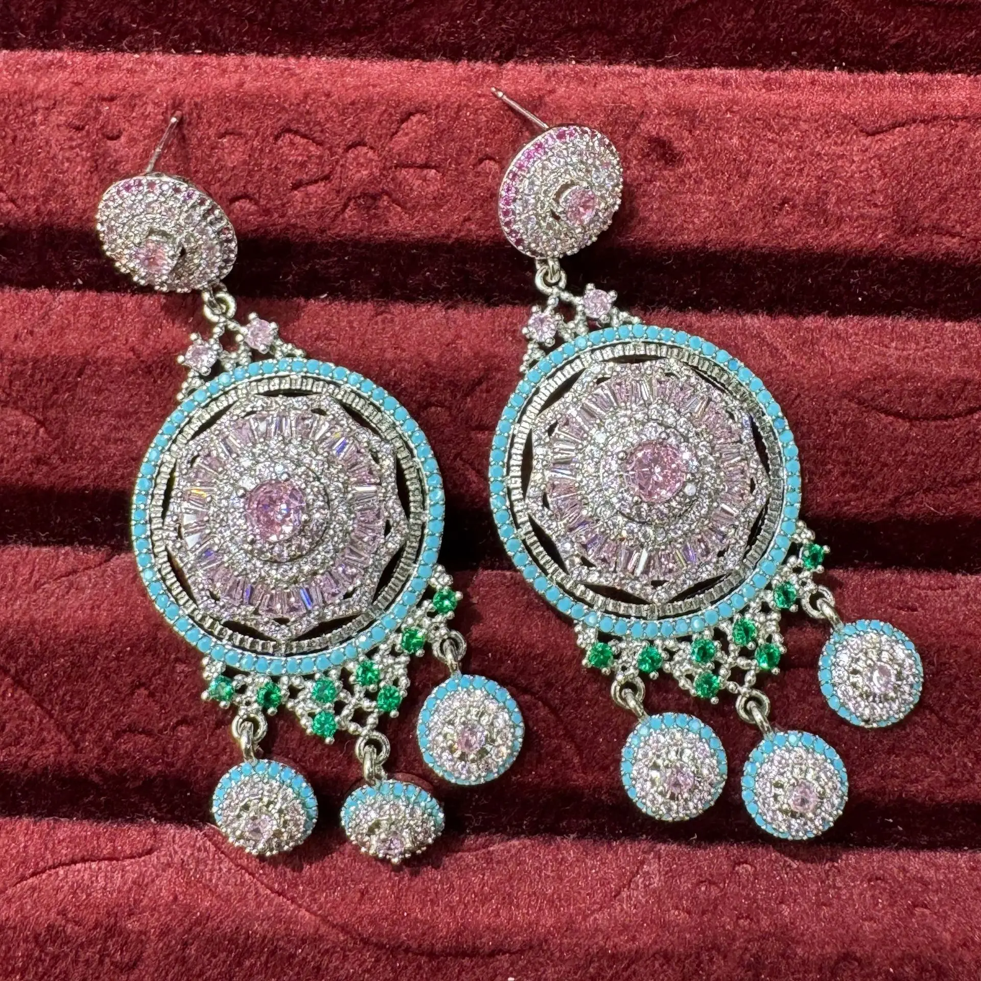 luxury zirconia earrings for women dinner party wedding jewelry pink yellow blue fushia round plate dangling earrings flower