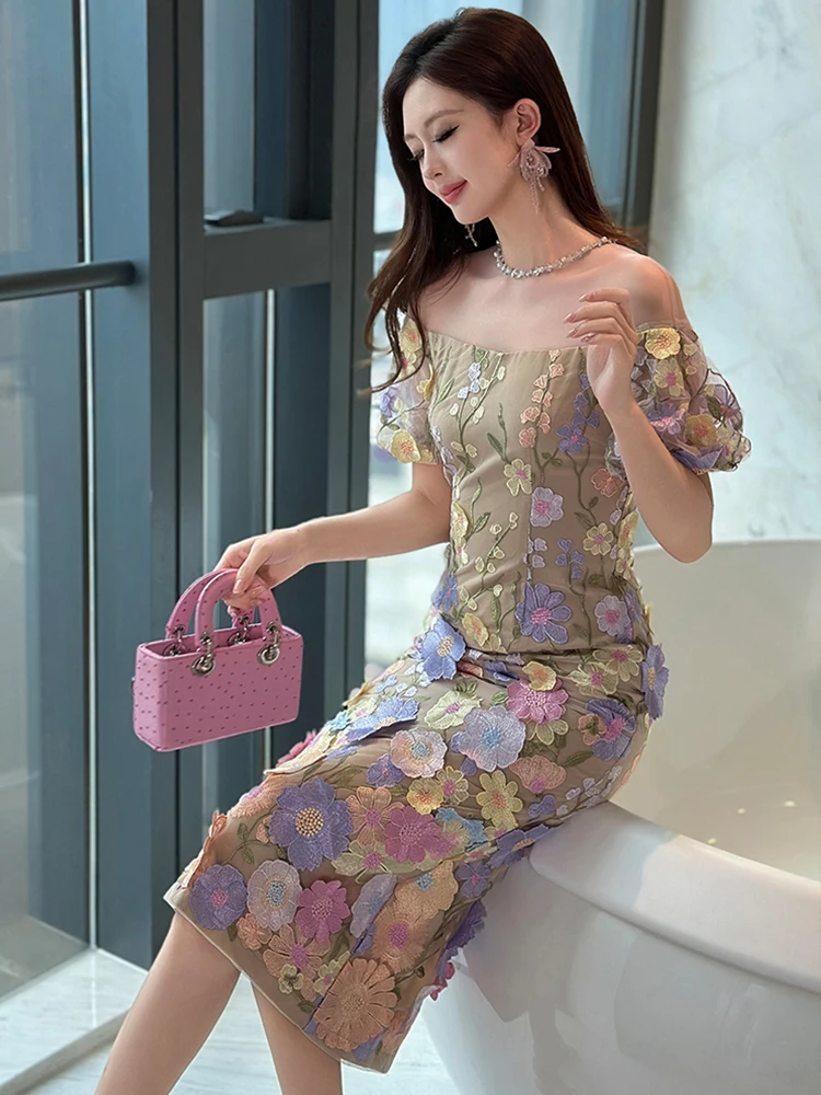 여성 의류 달콤한 꽃 자수 섹시 오프숄더 슬림 이브닝 드레스 우아한 여성 패션 파티 프롬 생일 드레스