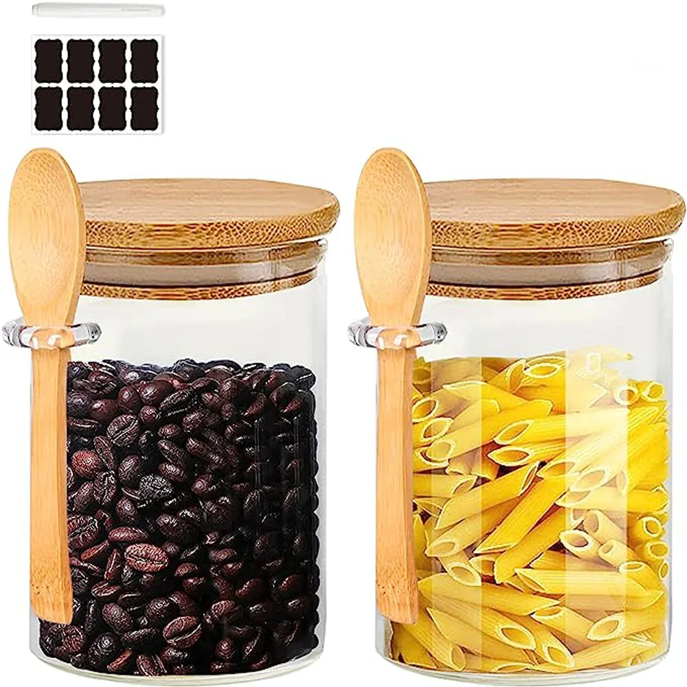 2PCS Glass Food Airtight Canister Castor Wooden Twist Lid Kitchen Candy Storage Tank Jar Bamboo Food Container With Wooden Spoon