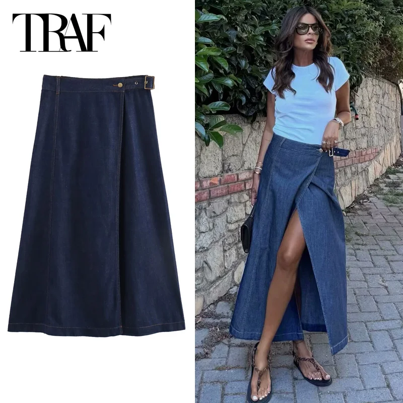 TRAF Women\'s Skirt Summer 2024 Midi Denim Skirts Fashion Women Wrap Split Blue Long Skirt With Belt Casual Sexy Vacation Skirts