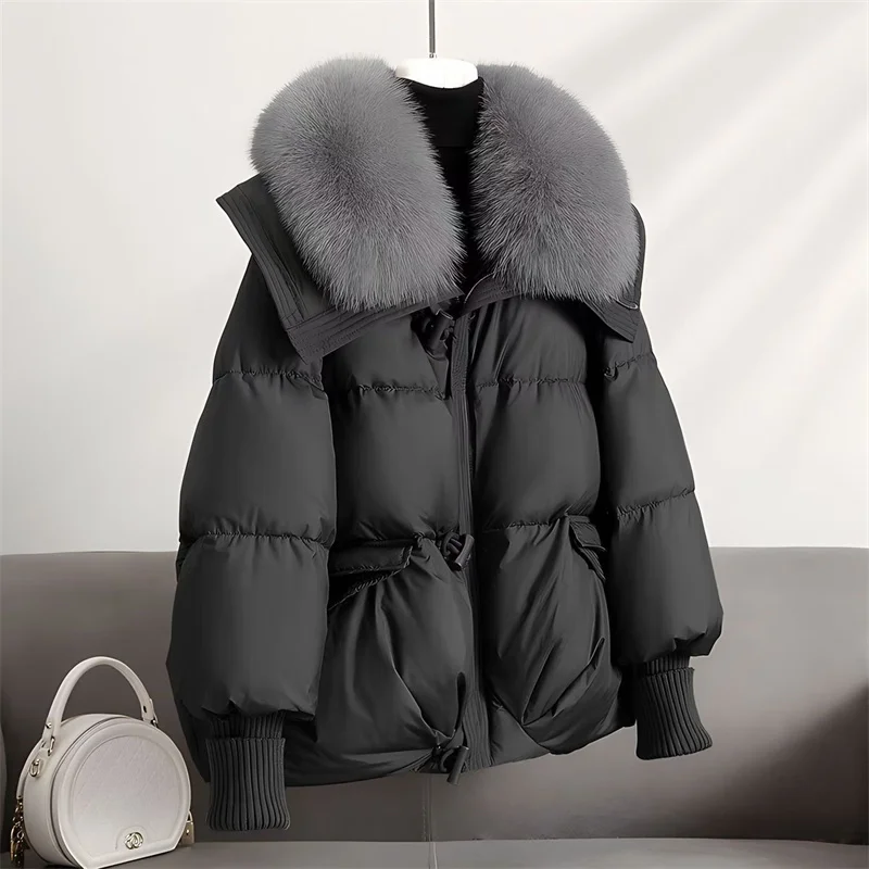 Down Cotton-padded Jacket 2024 Autumn Winter New Fashion Western Style Thick Korean Short Loose Fur Collar Cotton-padded Jacket