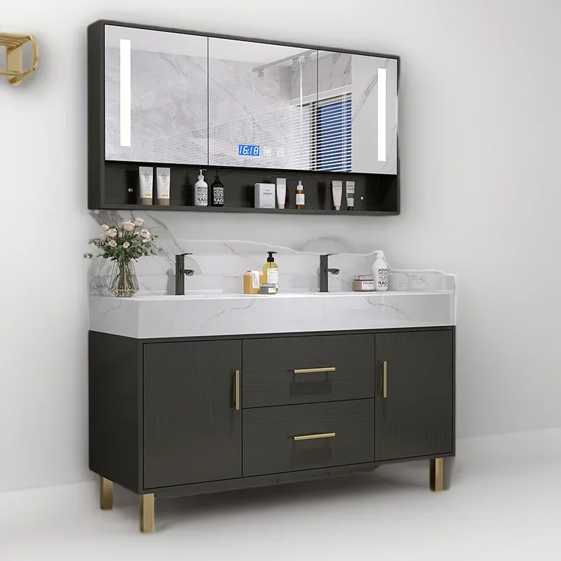 خزانة حمام مثبتة على الحائط مع مرآة بإضاءة LED ورف حمام منزلي وخزانة Meuble Wc Toilette Corner Chest