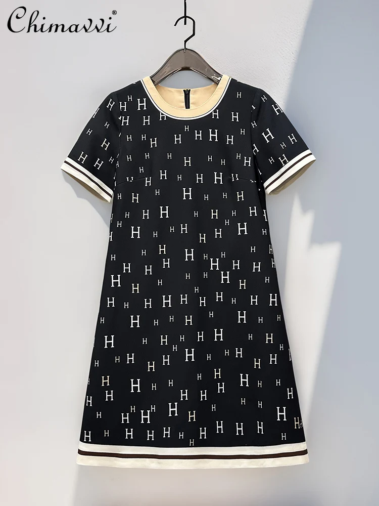 

French Elegant Temperament Commuter Casual Dress Round Neck Short Sleeve High Waist Slim Letter Print Luxury Dress Women Summer
